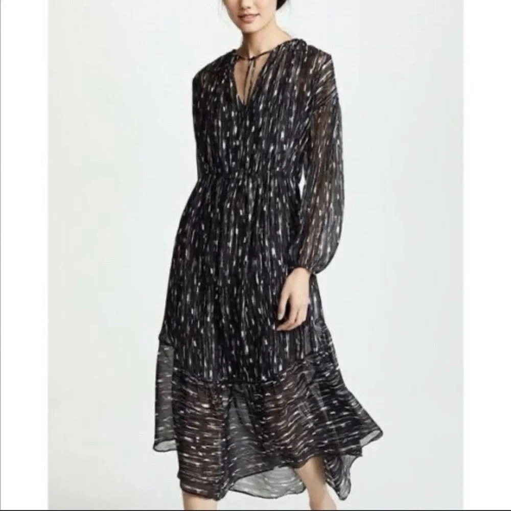 Vince Long Sleeve Midi Dress Black Brushstroke Print Silk Chiffon Size XS